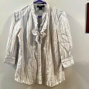 Women’s Long Sleeved Button Down Shirt, Ruffles around Neck, Gray, White, Size 8
